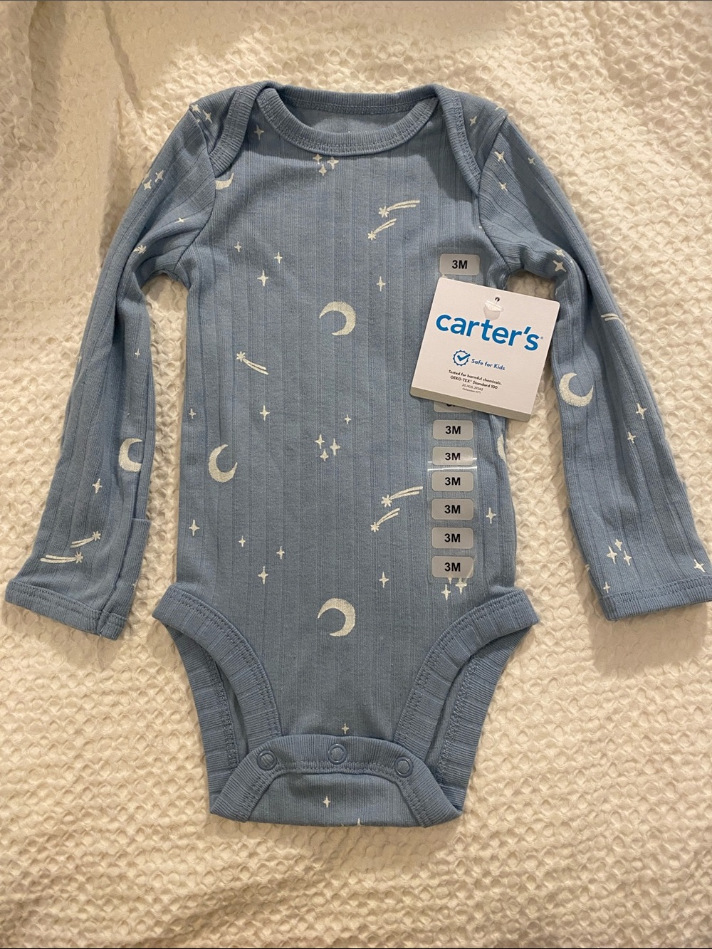 Carter's Light Blue Moon & Stars Ribbed Long-Sleeve One-Piece